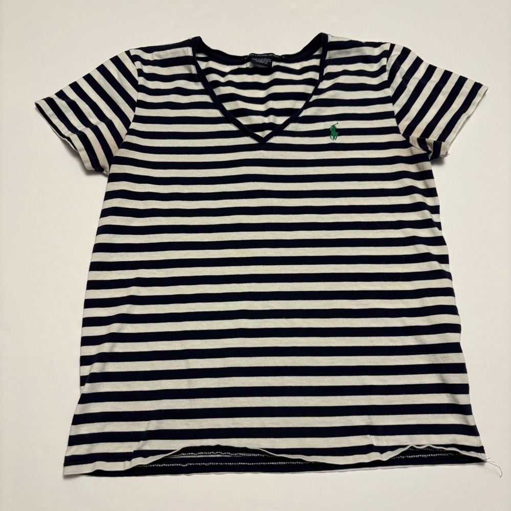 Ralph Lauren Sport T-Shirt Women Large Navy White Striped V-Neck Pima Cotton